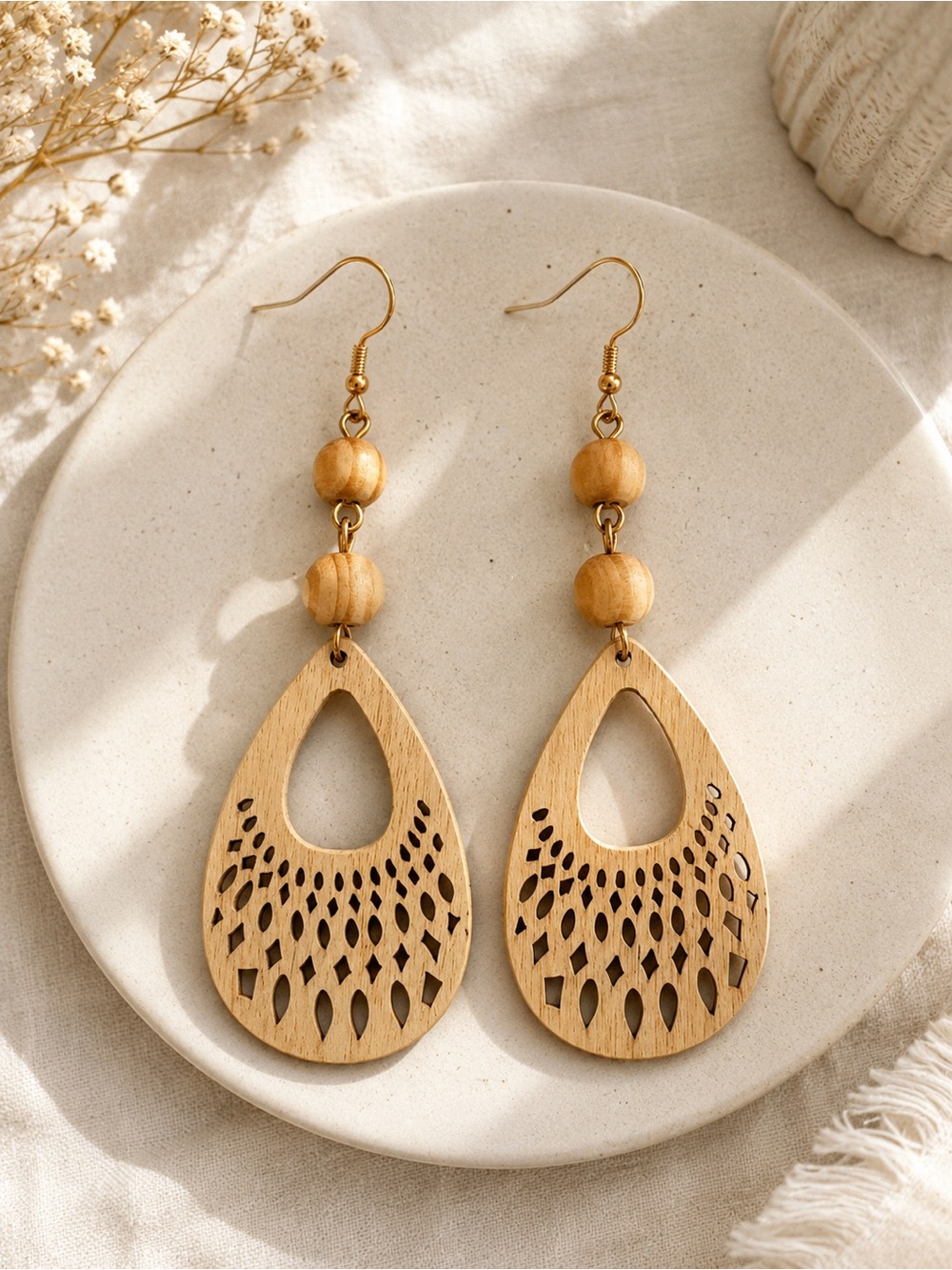 Handcrafted Light Wood Teardrop Dangle Earrings - Natural Beige